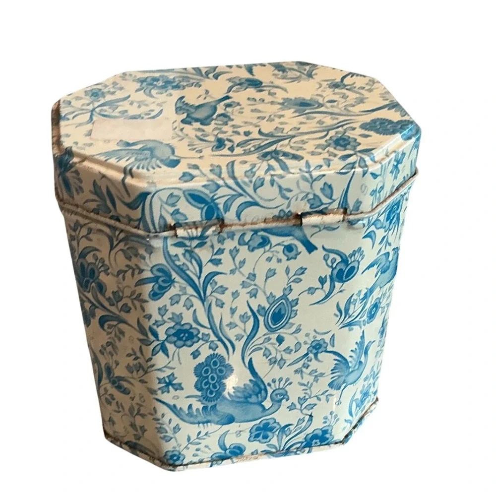Vintage Elite Tin Toile Trinket Box Blue White Floral Bird Gift French Country